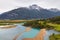 Landscape of chilean Patagonia, with meadows, the river Ibanez a