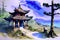 Landscape of chinese temple on the mountain. Digital painting