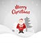 Landscape Christmas vector background illustration with standing Santa Claus front of pine trees and snowing sky behind him