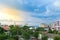 Landscape or cityscape green city and blue sky with cloud closeup