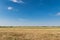 Landscape with clean field after harvesting the crop. Clean blue sky on the background