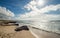 Landscape coast beach with seaweed stones on the Mediterranean Sea in Spain