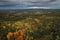 Landscape with colored trees along Wildernes Road in autumn in Lapland in Sweden from above