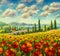 Landscape with colorful flowered red Poppies field in Tuscany, Italy