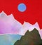 Landscape with colorful mountains and blue sun on red sky