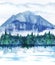 Landscape composition. Mountain, fir wood, lake. Hand drawn watercolor illustration