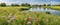 Landscape concept background beautiful meadows and natural pond in summertime