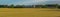 Landscape with a corn field and an agricultural silo and a settlement in the background. Panorama of agricultural factory, wheat