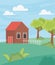 Landscape cottage with fence trees garden and meadow cartoon