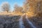 Landscape with country road through the lands covered with hoar-frost