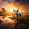 Landscape with a cow that graze grass at sunset in Sundarbans, West Bengal  Made With Generative AI illustration