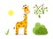 Landscape with cute baby giraffe chewing the tree leaves on isolated white background