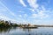 Landscape with decorative fountain on Plumbuita lake (Lacul Plumbuita) and park