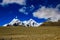 Landscape of deep blue sky and ice capped peaks of himalayan mountains with white clouds during day time