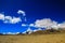 Landscape of deep blue sky and ice capped peaks of himalayan mountains with white clouds during day time