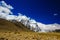 Landscape of deep blue sky and ice capped peaks of himalayan mountains with white clouds during day time