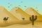 Landscape, desert with dunes, camels and cacti against a blue sky with birds. Illustration, poster,