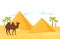 Landscape of desert with Egyptian pyramids, palm trees, brown camel and sand. Natural scenery. Flat vector design