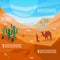 Landscape of desert life - sand hills with cactuses, nomad and animals