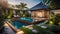 Landscape design of a small plot with a swimming pool and a Balinese-style house, Dream garden