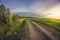 Landscape dirt road in a sowing field at sunset