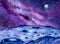 Landscape of a distant planet with a galaxy and starry space. Blue planet`s surface is covered with craters and rocks