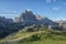 Landscape in Dolomites with blue sky with clouds, Cinque Torri area, Veneto, Italy