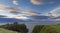 Landscape of Dunnottar Castle ruins withh dark clouds and ocean