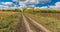 Landscape with earth road between maize and sunflower fields in central Ukraine