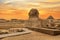 Landscape with Egyptian pyramids, Great Sphinx and silhouettes Ancient symbols and landmarks of Egypt for your travel concept to