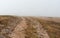 Landscape with empty medieval rocky road in fog on Babuhan Yaila natural reserve