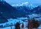 Landscape of the Engadine valley at dusk in winter, Switzerland. Guarda, Lower Engadine, Graubunden, Switzerland