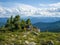 Landscape in the Ergaki nature park. Young cedars on the top of a mountain range