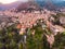 Landscape europe city Taormina sunset. Aerial top view Sicily Italy