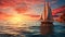 A landscape with a fabulous sunset on the sea by a sailboat. A banner for the design of the site