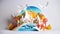 Landscape of fantasy whimsical island with forest and mountains, hot air balloon over the sea, paper craft art or