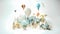 Landscape of fantasy whimsical island with forest and mountains, hot air balloon over the sea, paper craft art or