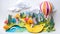 Landscape of fantasy whimsical island with forest and mountains, hot air balloon over the sea, paper craft art or