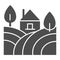 Landscape with farm house and trees solid icon. Rural field with home glyph style pictogram on white background. Winery