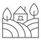 Landscape with farm house and trees thin line icon. Rural field with home outline style pictogram on white background