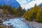 Landscape Fast Mountains River Hiking Himalayas.Beautiful View Waterfalls Asia End Summer Season Background.Green Threes