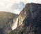 Landscape featuring a dramatic waterfall cascading down its rocky face.