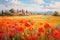 Landscape with a field of flowering red poppies. Oil painting in impressionism style