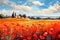 Landscape with a field of flowering red poppies. Oil painting in impressionism style