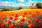 Landscape with a field of flowering red poppies. Oil painting in impressionism style