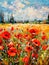 Landscape with a field of flowering red poppies. Oil painting in impressionism style