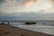 Landscape with fishermen on the shore of a beach in Barranquilla. Colombia.