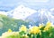 Landscape with Flowers and Mountains Watercolor Nature Illustration Hand Painted