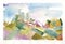 Landscape with flowers, watercolor illustration. Abstract watercolor painting landscape on paper colorful of forest view on hill