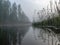 Landscape with fog in the morning, mystical fog on the river, blurred grass and tree contours